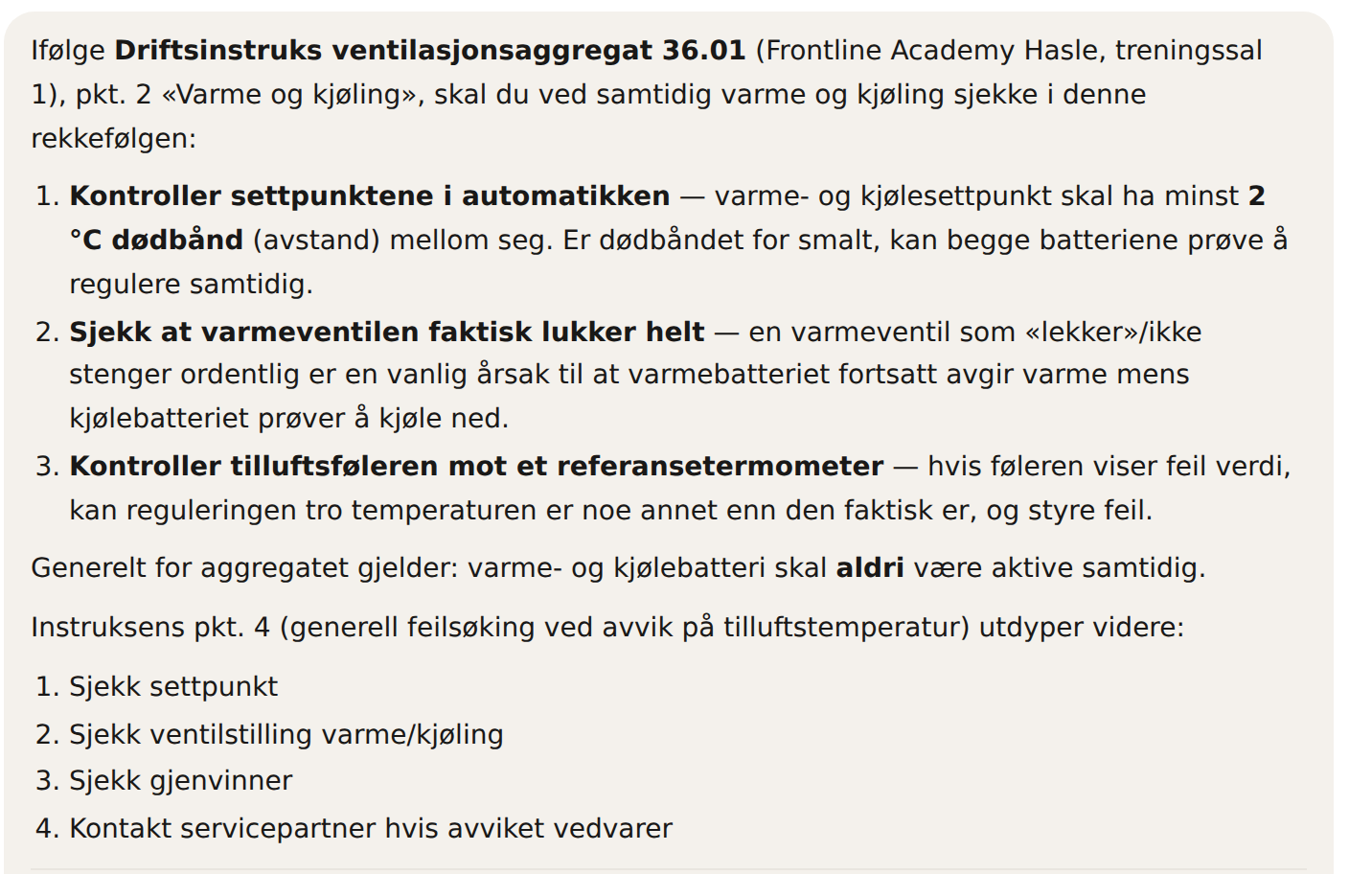 Assistentens svar som siterer driftsinstruksen for ventilasjonsaggregatet punkt for punkt